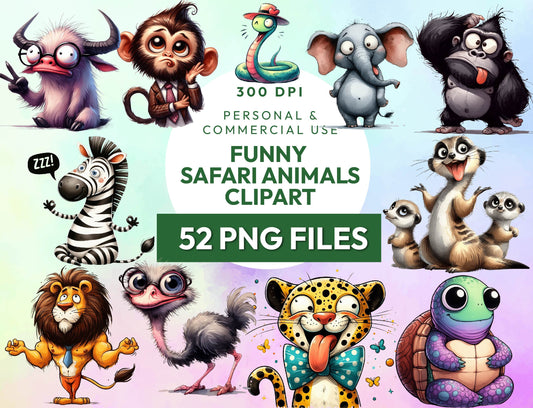 52 Funny Safari Animals Clipart, Jungle Animals PNG, Quirky Watercolor Africa Animals PNG, Whimsical Sublimation Design, Instant Download