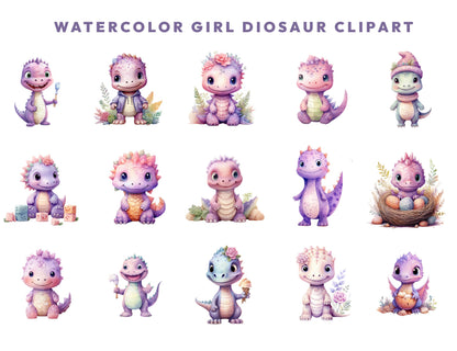 26 Watercolor Girl Dinosaur Clipart PNG Bundle, Girl Dino Watercolor Clipart, Baby Shower, Pink Purple Dino Digital Download, Commercial Use