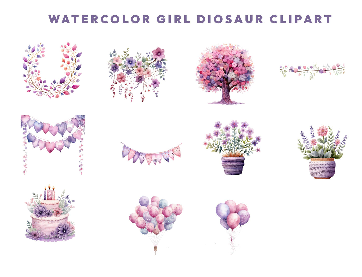 26 Watercolor Girl Dinosaur Clipart PNG Bundle, Girl Dino Watercolor Clipart, Baby Shower, Pink Purple Dino Digital Download, Commercial Use