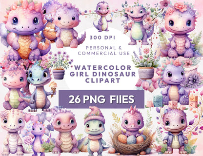 26 Watercolor Girl Dinosaur Clipart PNG Bundle, Girl Dino Watercolor Clipart, Baby Shower, Pink Purple Dino Digital Download, Commercial Use