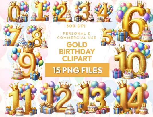 15 Gold Foil Balloons Clipart, Foil Balloon Birthday Number PNG’s for Junk Journal, Paper Crafts, Scrapbook, Gift Card, Commercial Use