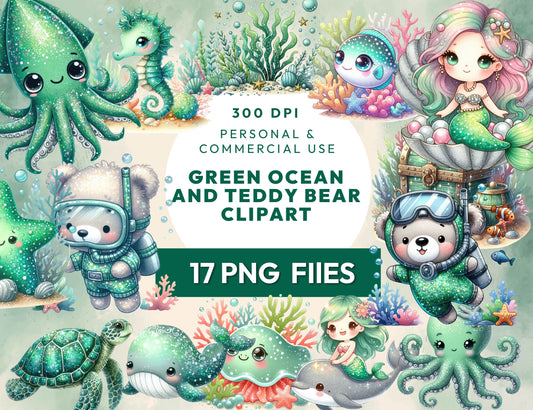 17 Green Ocean and Teddy Bear Clipart Bundle, Ocean Animals PNG, Marine Life Sea Turtle Octopus Mermaid Dolphin Sublimation Digital Download