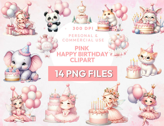 29 Watercolor Pink Birthday Clipart PNG Bundle, Birthday PNGs, Birthday Bundle, Girl Birthday PNG Designs, Birthday Party Clipart, Cake PNG