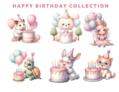 12 Cute Pastel Happy Birthday Clipart Bundle, Fairies PNG, Magical Party, Mystical Sublimation, Fairytale, Fantasy Clipart, Instant Download