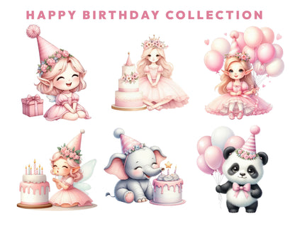 12 Cute Pastel Happy Birthday Clipart Bundle, Fairies PNG, Magical Party, Mystical Sublimation, Fairytale, Fantasy Clipart, Instant Download
