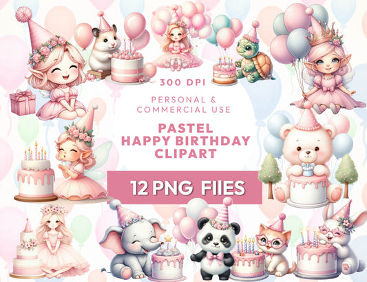 12 Cute Pastel Happy Birthday Clipart Bundle, Fairies PNG, Magical Party, Mystical Sublimation, Fairytale, Fantasy Clipart, Instant Download