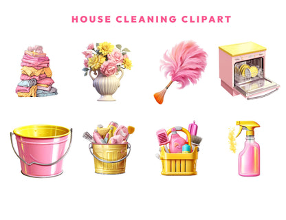 19 House Cleaning Clipart Bundle, Pink Yellow Cute Housekeeping Clipart, Watercolor Cleaning Supplies, Laundry Clipart, Cleaning Service PNG