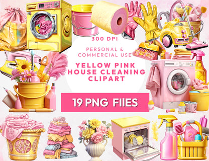 19 House Cleaning Clipart Bundle, Pink Yellow Cute Housekeeping Clipart, Watercolor Cleaning Supplies, Laundry Clipart, Cleaning Service PNG