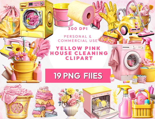 19 House Cleaning Clipart Bundle, Pink Yellow Cute Housekeeping Clipart, Watercolor Cleaning Supplies, Laundry Clipart, Cleaning Service PNG