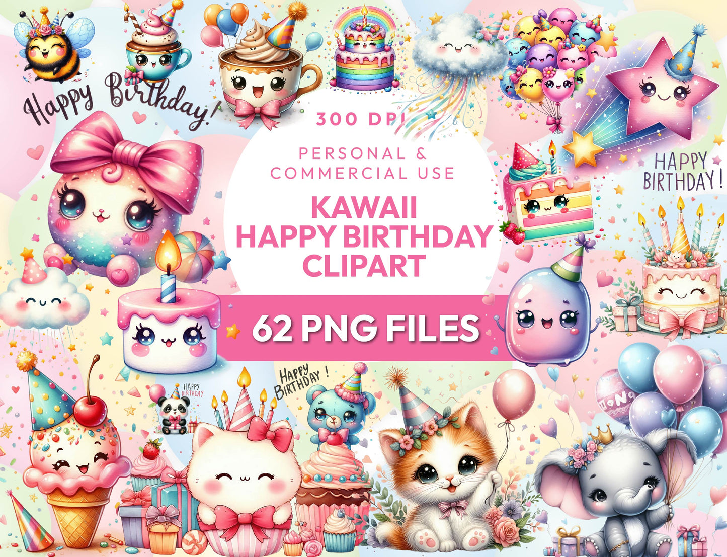 62 Cute Kawaii Birthday Clipart Bundle, Kawaii Birthday Png, Happy Birthday Clipart Png, Kawaii Food, Baby Shower Clipart, Instant Download