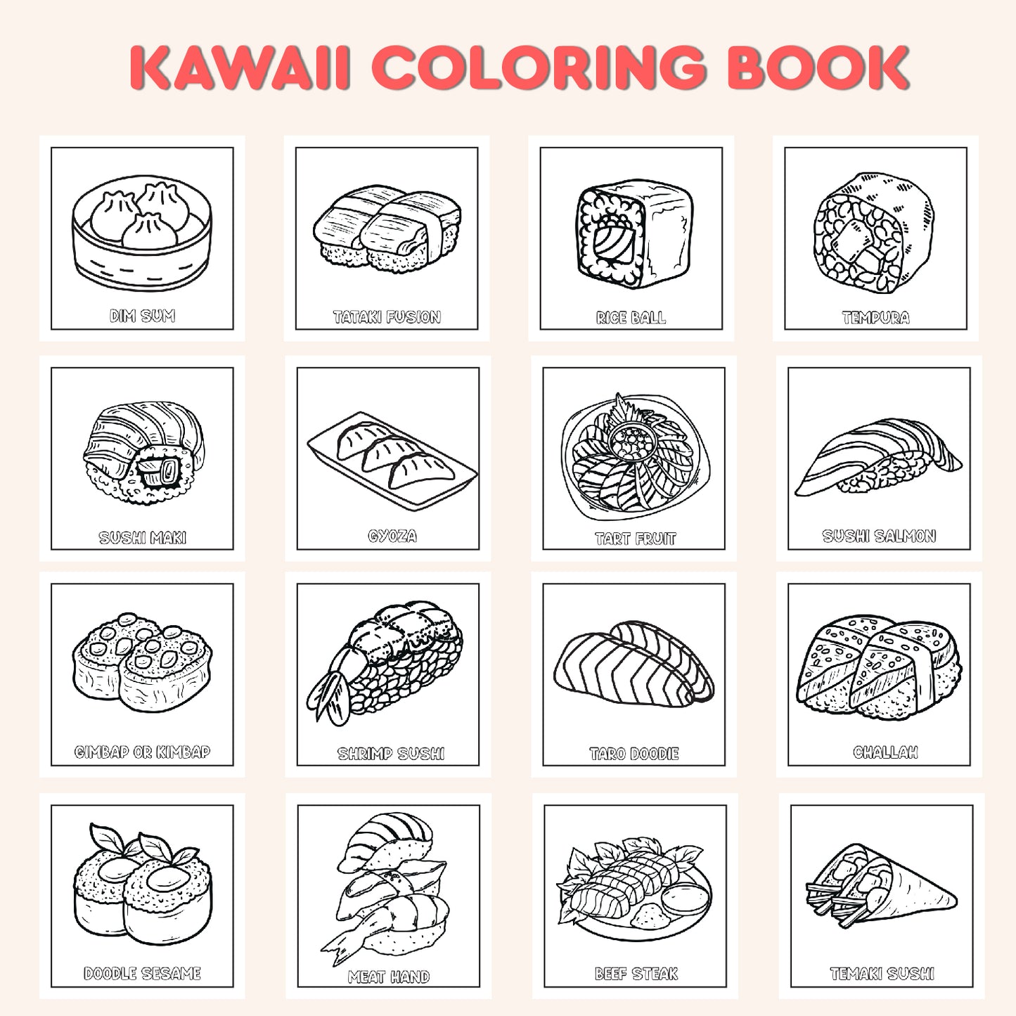 Kawaii Coloring Book for Kids | Japanese Food Coloring Pages | Kawaii Foods Coloring Book