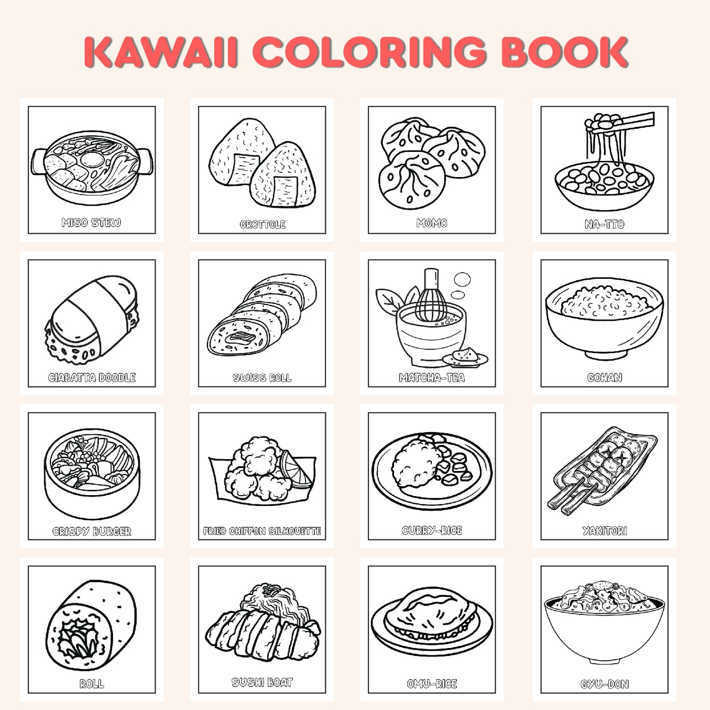 Kawaii Coloring Book for Kids | Japanese Food Coloring Pages | Kawaii Foods Coloring Book