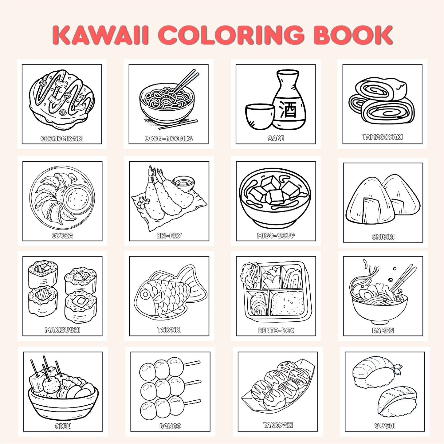 Kawaii Coloring Book for Kids | Japanese Food Coloring Pages | Kawaii Foods Coloring Book