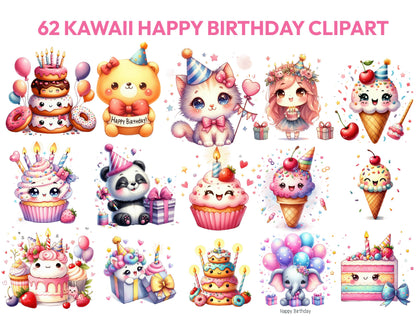 62 Cute Kawaii Birthday Clipart Bundle, Kawaii Birthday Png, Happy Birthday Clipart Png, Kawaii Food, Baby Shower Clipart, Instant Download