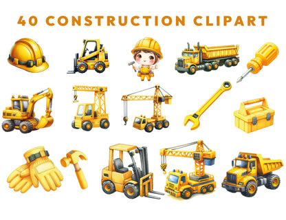 40 Watercolor Construction Clipart PNG & SVG Bundle Construction Vehicle, Cut Files, Bulldozer Cement Truck Excavator Nursery Digital Prints