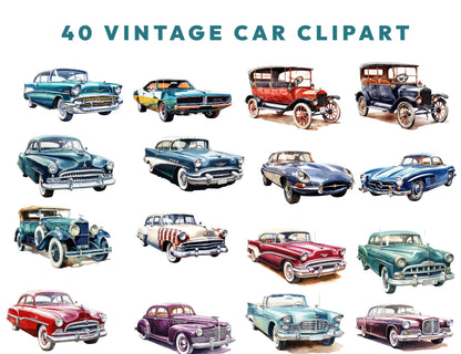 40 Watercolor Vintage Cars Clipart PNG Bundle, Retro Car PNG, Classic Vehicle Clipart, 90s Vibes, Sublimation Design, Instant Download