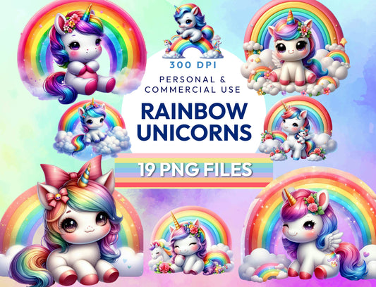 19 Cute Rainbow Unicorn 300dpi PNG Bundle, Unicorn Birthday PNG, Magical Horse Clipart, Kawaii Clip Art, Sublimation Design Instant Download