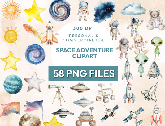 58 Watercolor Space Clipart PNG Bundle, Astronaut Nursery, Rocket, Planets, Stars and Moon, Spaceship, Sublimation Design, Instant Download