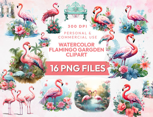 16 Watercolor Flamingos Garden Clipart Bundle, Transparent PNG, Flamingo Images, Floral Tropical Birds Graphics, Instant Digital Download