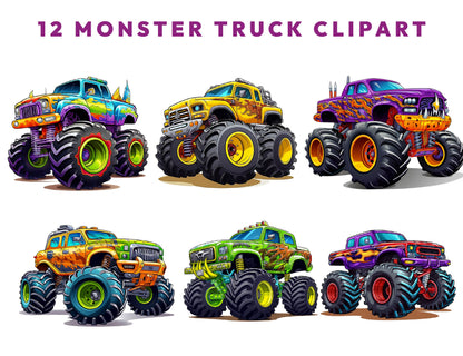 12 Watercolor Monster Truck Clipart Bundle, Transparent PNG 300DPI, Off Road Png, Racing Clipart, Sublimation Design, Instant Download