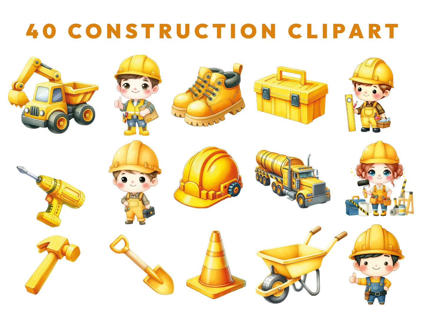 40 Watercolor Construction Clipart PNG & SVG Bundle Construction Vehicle, Cut Files, Bulldozer Cement Truck Excavator Nursery Digital Prints