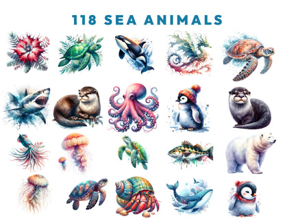 118 Cute Under The Sea Watercolor Animals Clipart PNG Bundle, Sea Animals Clipart, Sea Life, Instant Download 300dpi Images, Commercial use