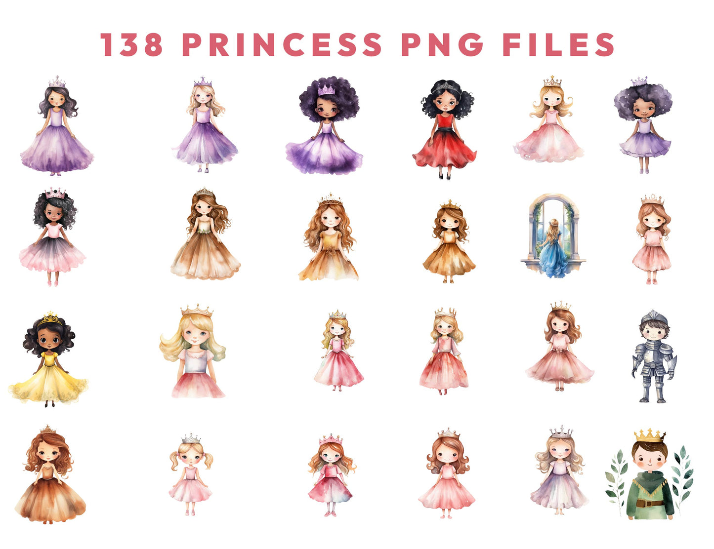 138 Watercolor Princess Clipart PNG Bundle, Fairytale, Unicorn, Prince Clipart, Castle, Carriage Knight Castle Clipart, Dragon, Horses & More