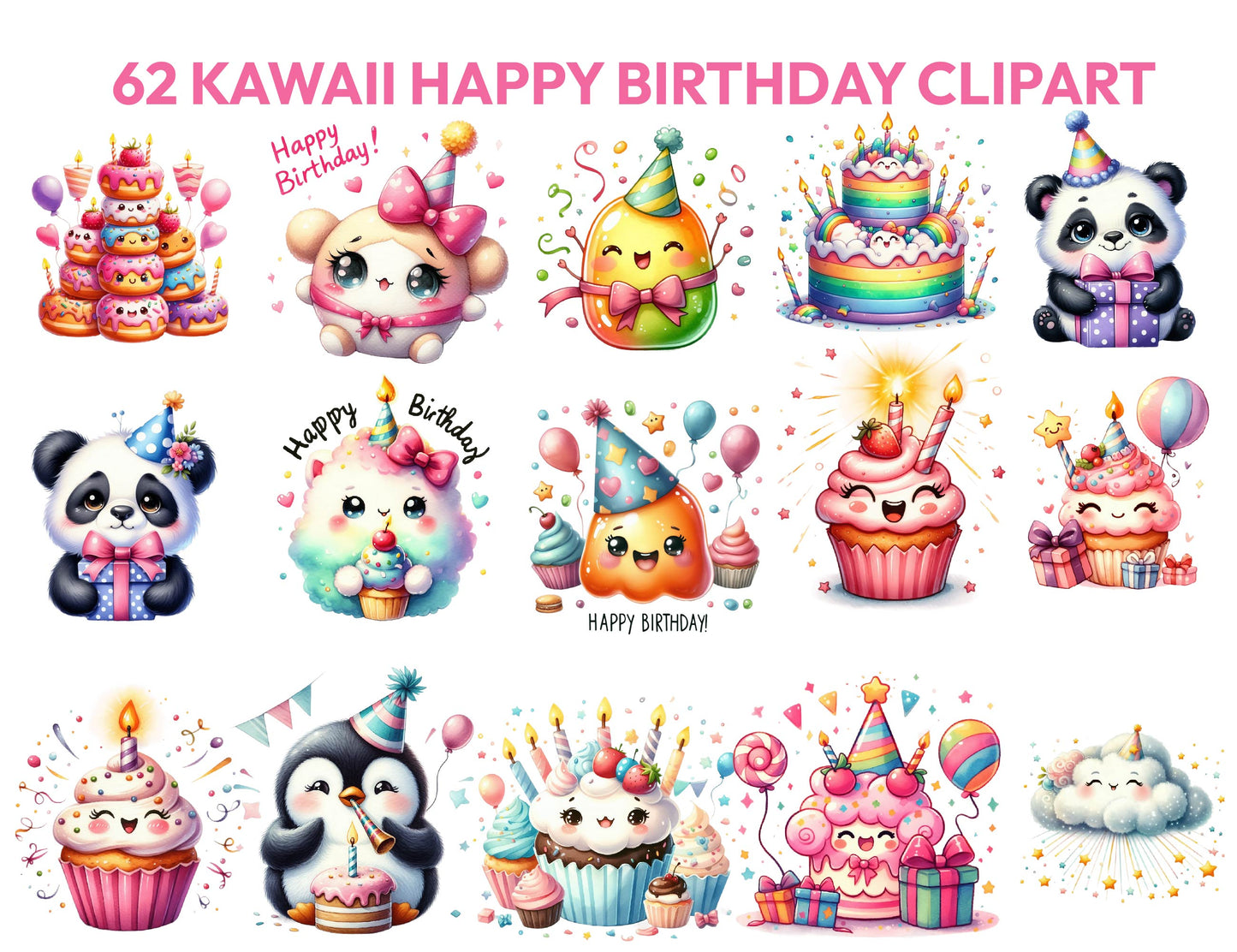 62 Cute Kawaii Birthday Clipart Bundle, Kawaii Birthday Png, Happy Birthday Clipart Png, Kawaii Food, Baby Shower Clipart, Instant Download