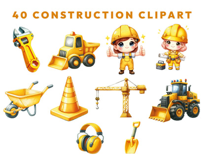 40 Watercolor Construction Clipart PNG & SVG Bundle Construction Vehicle, Cut Files, Bulldozer Cement Truck Excavator Nursery Digital Prints