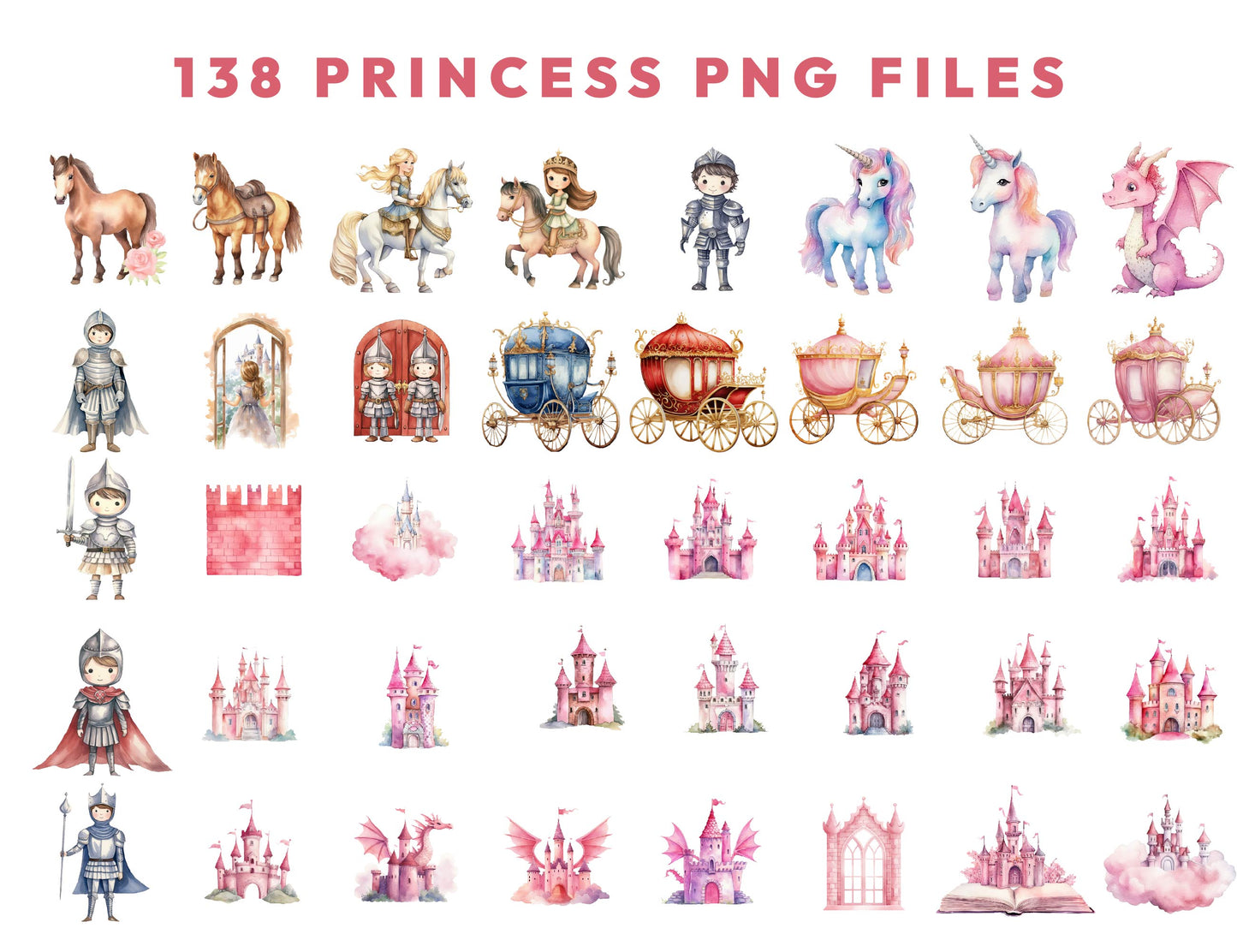 138 Watercolor Princess Clipart PNG Bundle, Fairytale, Unicorn, Prince Clipart, Castle, Carriage Knight Castle Clipart, Dragon, Horses & More