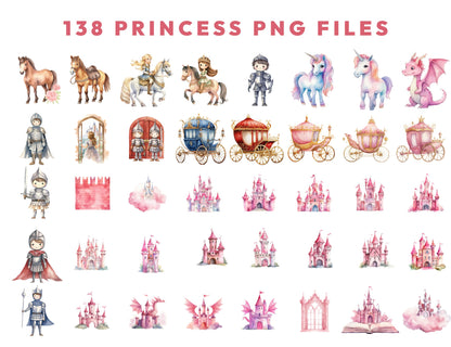 138 Watercolor Princess Clipart PNG Bundle, Fairytale, Unicorn, Prince Clipart, Castle, Carriage Knight Castle Clipart, Dragon, Horses & More