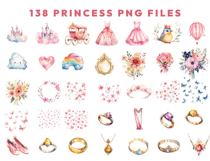 138 Watercolor Princess Clipart PNG Bundle, Fairytale, Unicorn, Prince Clipart, Castle, Carriage Knight Castle Clipart, Dragon, Horses & More