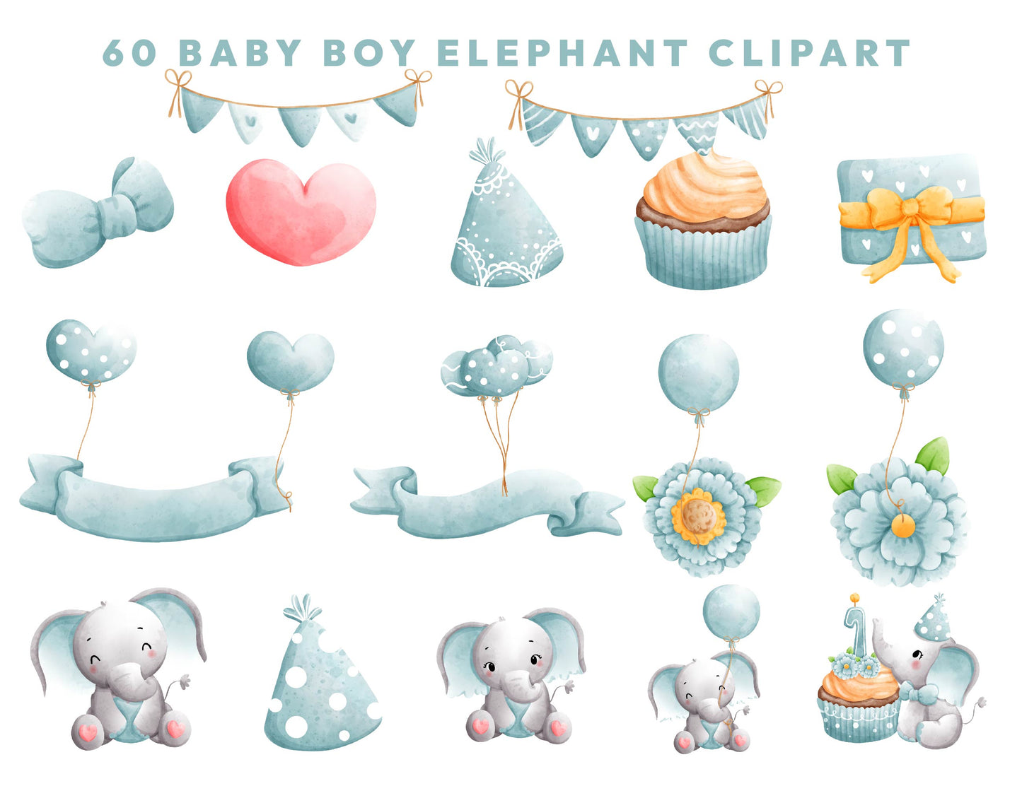 60 Watercolor Baby Boy Elephant Birthday Clipart PNG Bundle, Elephant Birthday, Cute Animal Clipart