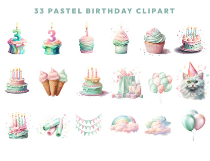 33 Watercolor Pastel Birthday Clipart PNG Bundle, Cute Happy Birthday Collection, Balloon Clipart, Birthday Cupcake, Cake, Instant Download