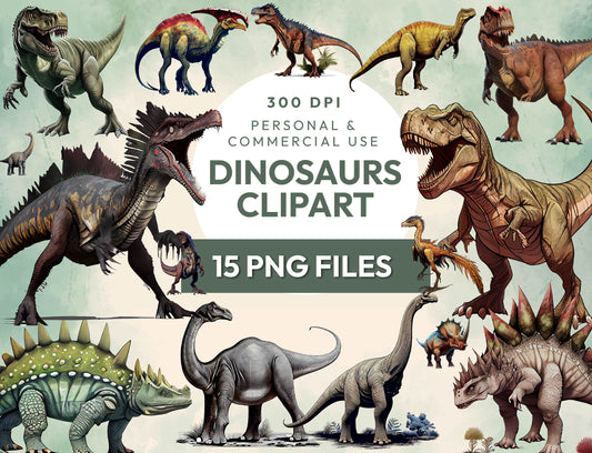 15 Dinosaurs Clipart PNG Bundle, Dinosaur Birthday, Transparent 300DPI, Tyrannosaurus Rex, Dino Baby Shower, Scrapbooking, Digital Download