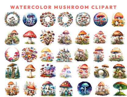 Mushrooms Watercolor Clipart Bundle, 208 PNG Forest Toadstool Graphics, Magical Nature Illustrations, Instant Download, Commercial Use