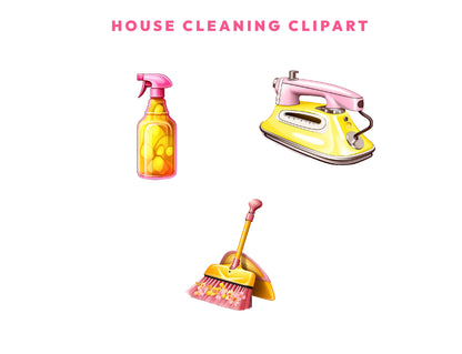 19 House Cleaning Clipart Bundle, Pink Yellow Cute Housekeeping Clipart, Watercolor Cleaning Supplies, Laundry Clipart, Cleaning Service PNG