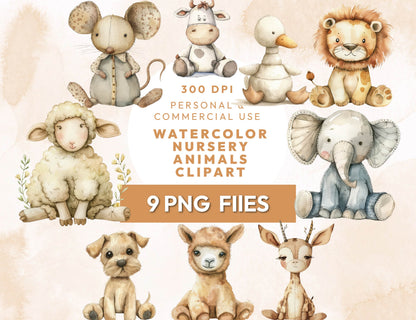 9 Watercolor Boho Nursery Animal Clipart Bundle for Baby Shower Invite, Cute Animals, Birthday Party, Baby Animal Decor, Commercial Use