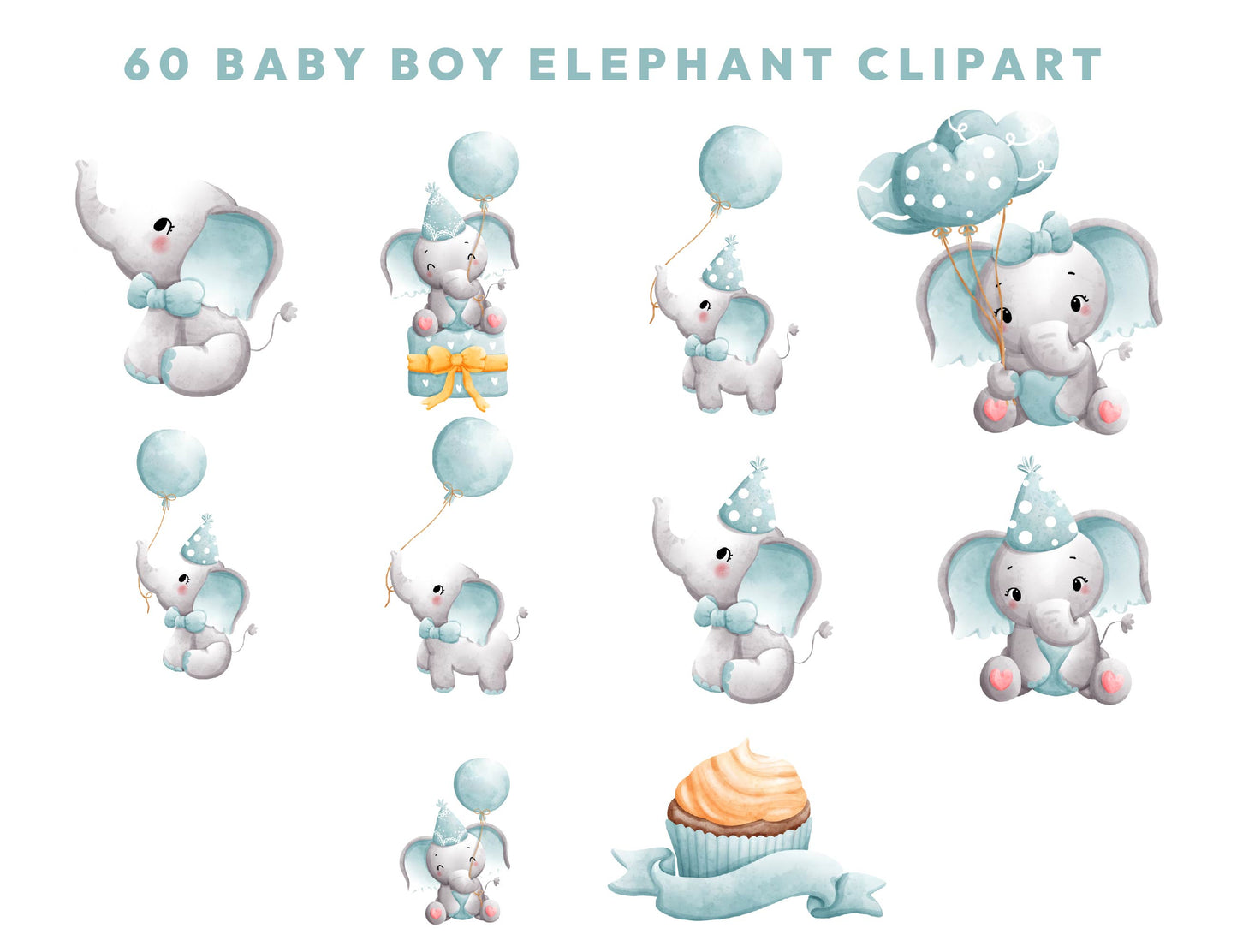 60 Watercolor Baby Boy Elephant Birthday Clipart PNG Bundle, Elephant Birthday, Cute Animal Clipart