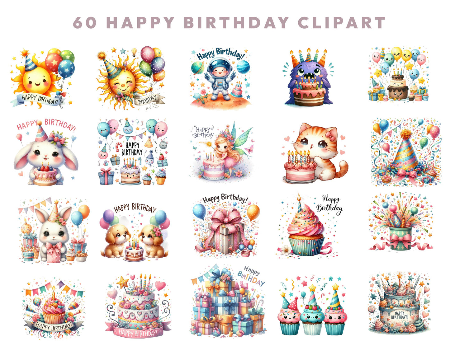 60 Cute Birthday Safari Animals Clipart, Jungle Baby Animal PNG, Watercolor Animal Clipart, Baby Shower Clipart, Lion Tiger Monkey Girrafe