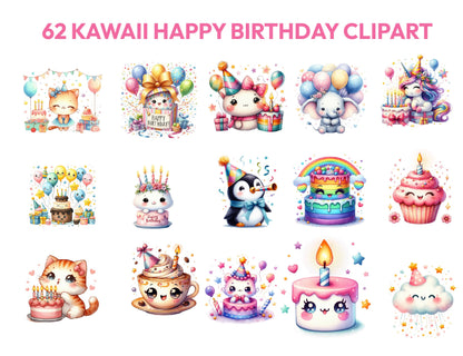 62 Cute Kawaii Birthday Clipart Bundle, Kawaii Birthday Png, Happy Birthday Clipart Png, Kawaii Food, Baby Shower Clipart, Instant Download