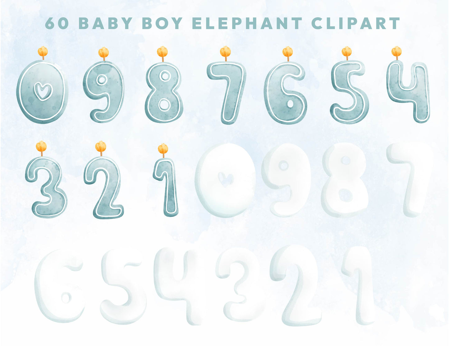 60 Watercolor Baby Boy Elephant Birthday Clipart PNG Bundle, Elephant Birthday, Cute Animal Clipart