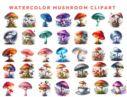Mushrooms Watercolor Clipart Bundle, 208 PNG Forest Toadstool Graphics, Magical Nature Illustrations, Instant Download, Commercial Use