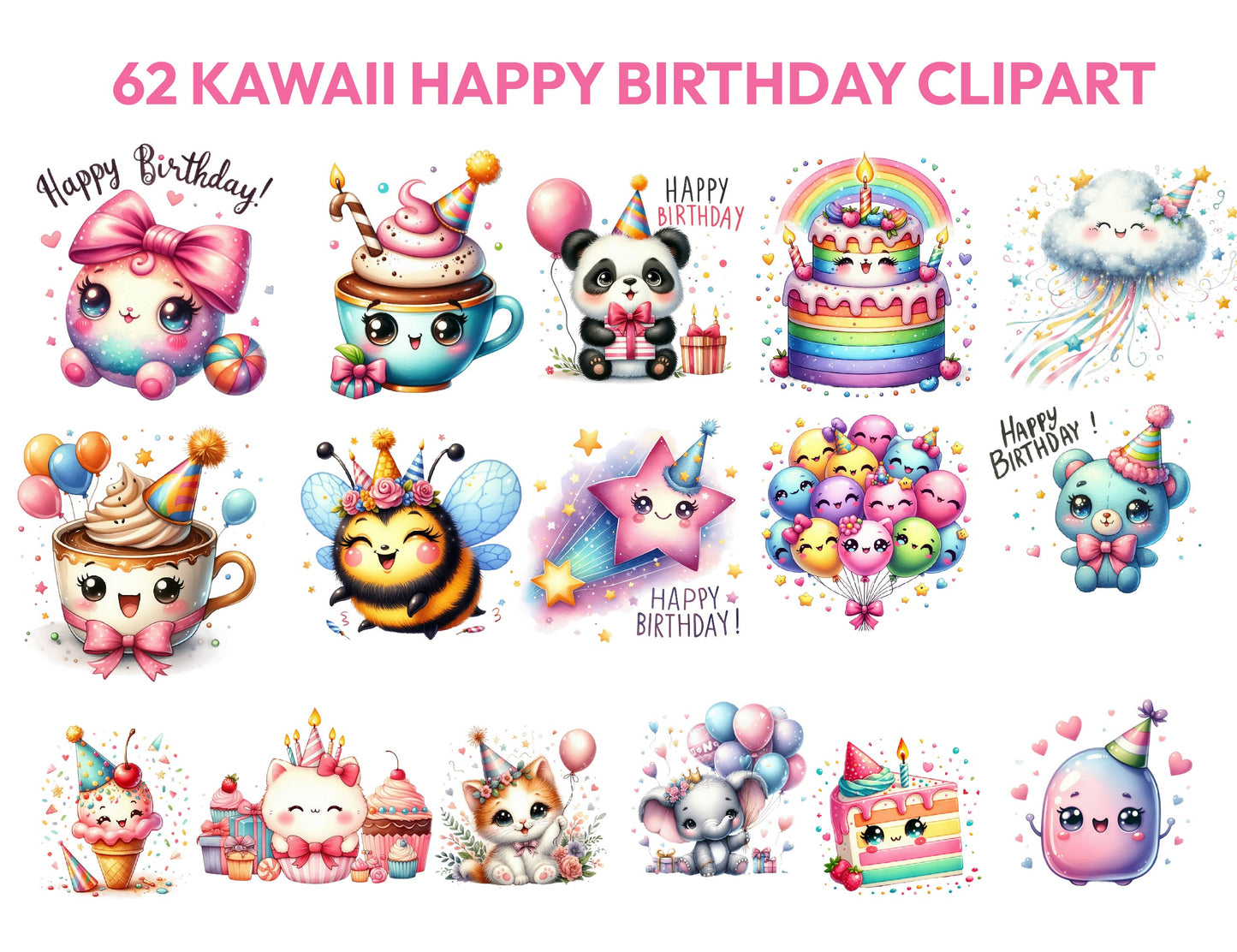 62 Cute Kawaii Birthday Clipart Bundle, Kawaii Birthday Png, Happy Birthday Clipart Png, Kawaii Food, Baby Shower Clipart, Instant Download