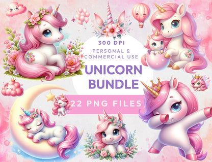 22 Cute Unicorn Clipart, Unicorn Png, Magic Unicorn Clipart, Rainbow Animal Kawaii Unicorn, Cartoon Clip Art Commercial Use Instant Download