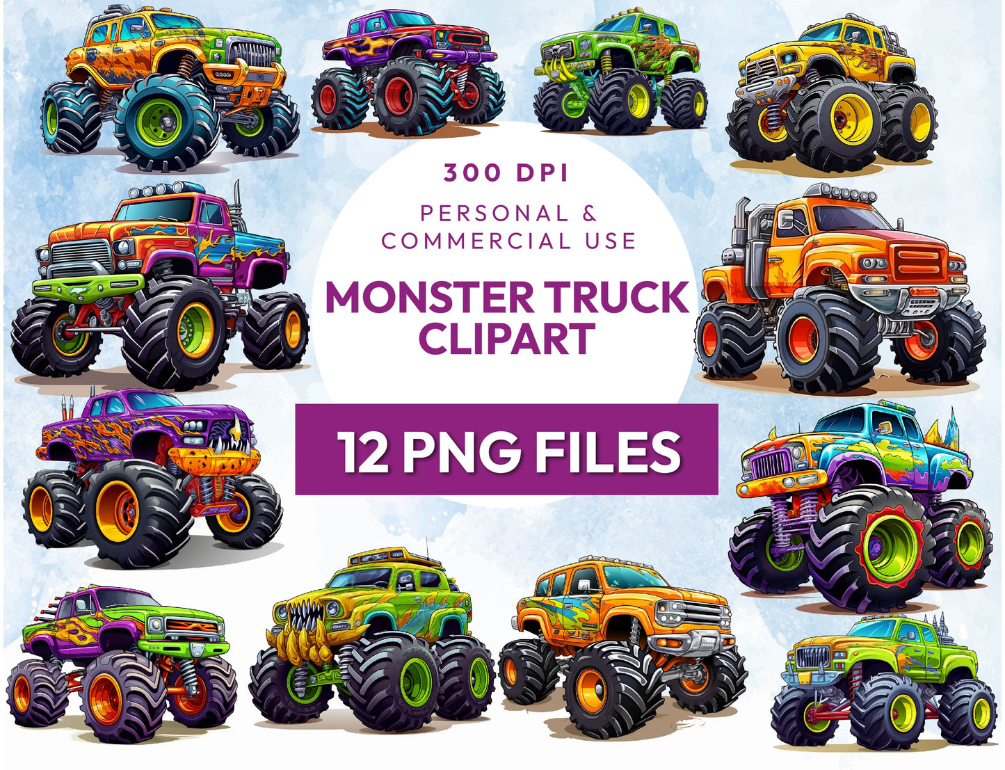 12 Watercolor Monster Truck Clipart Bundle, Transparent PNG 300DPI, Off Road Png, Racing Clipart, Sublimation Design, Instant Download