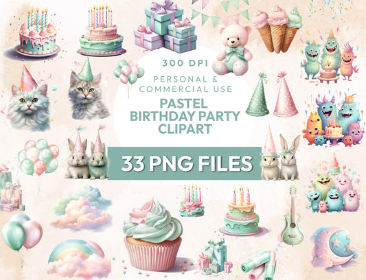 33 Watercolor Pastel Birthday Clipart PNG Bundle, Cute Happy Birthday Collection, Balloon Clipart, Birthday Cupcake, Cake, Instant Download