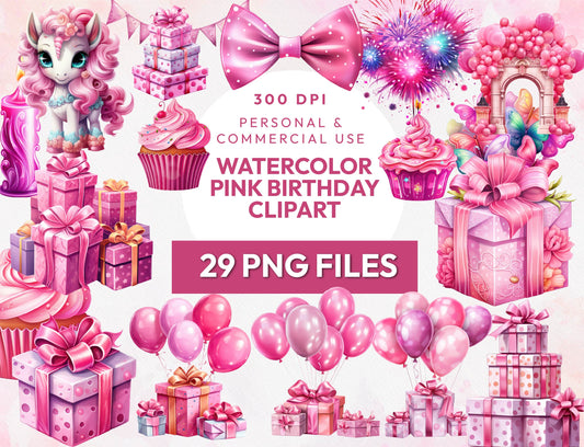 29 Watercolor Pink Birthday Clipart PNG Bundle, Birthday PNGs, Birthday Bundle, Girl Birthday PNG Designs, Birthday Party Clipart, Cake PNG