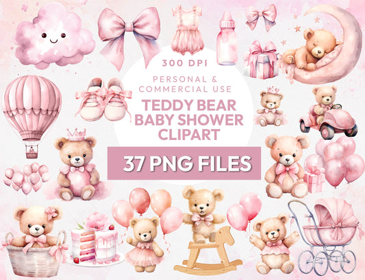 37 Cute Watercolor Pink Teddy Bear Baby Girl Shower Clipart PNG Bundle, Birthday Collection Instant Download Sublimation Design Commercial Use