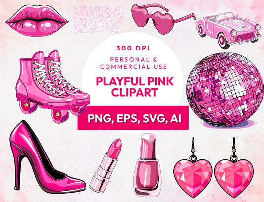 10 Playful Pink Clipart PNG Bundle, Lipstick, Car, Disco Light, Earrings, Polish, Heels, Lips, Rollerblades, Sunglasses Swirls, Digital File